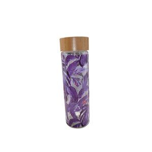 Glass Water Bottle With Bamboo Lid & Floral Design
